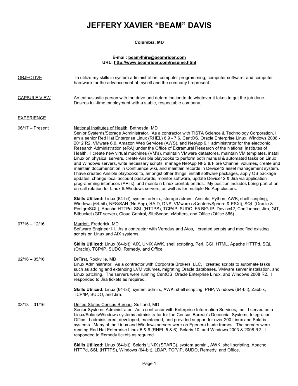 Jeffery Xavier Beam Davis' Resume (Web Version)