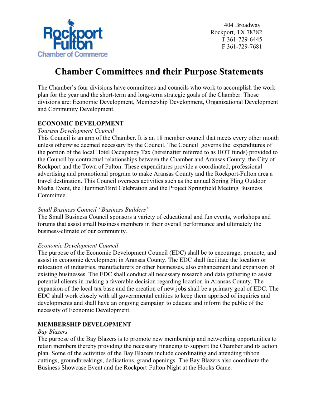 Chamber Committees and Their Purpose Statements
