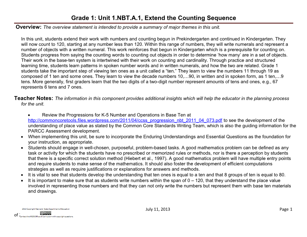 Grade 1: Unit 1.NBT.A.1, Extend the Counting Sequence