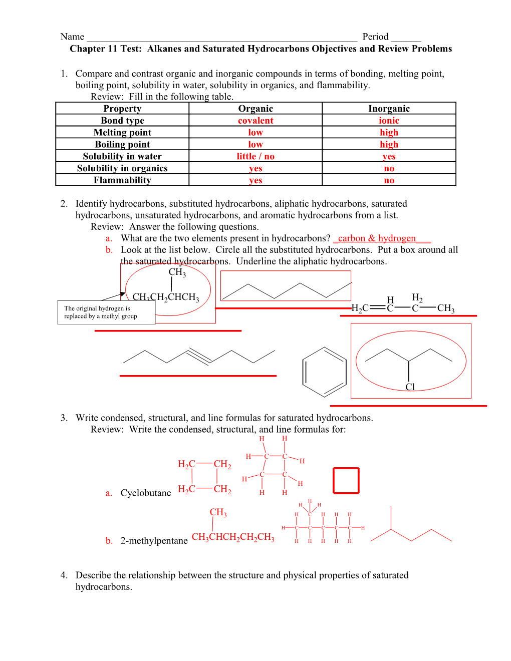Chapter 11 Test: Alkanes and Saturated Hydrocarbons