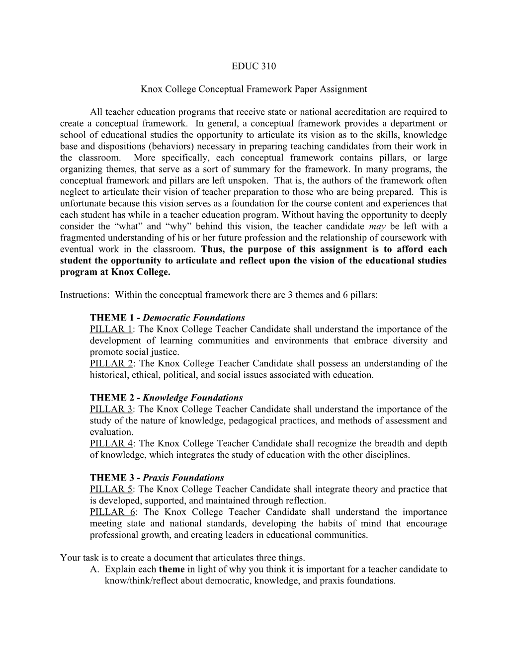 Knox College Conceptual Framework Paper Assignment