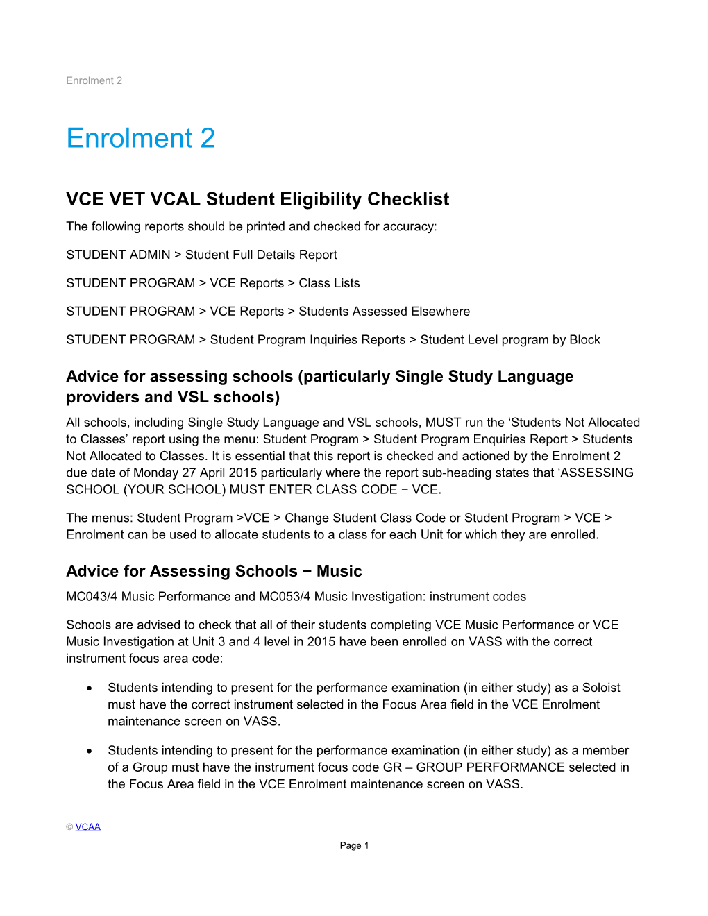 VCE VET VCAL Student Eligibility Checklist