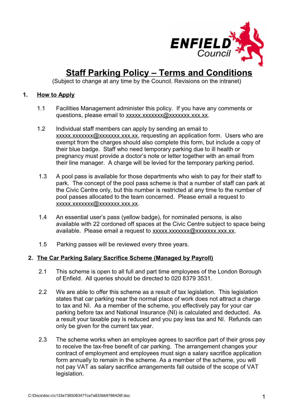 Staff Parking Policy Terms and Conditions