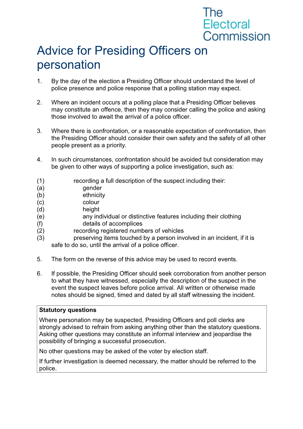 Personation Advice for Presiding Officers Generic