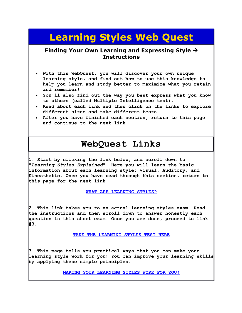 With This Webquest, You Will Discover Your Own Unique Learning Style, and Find out How