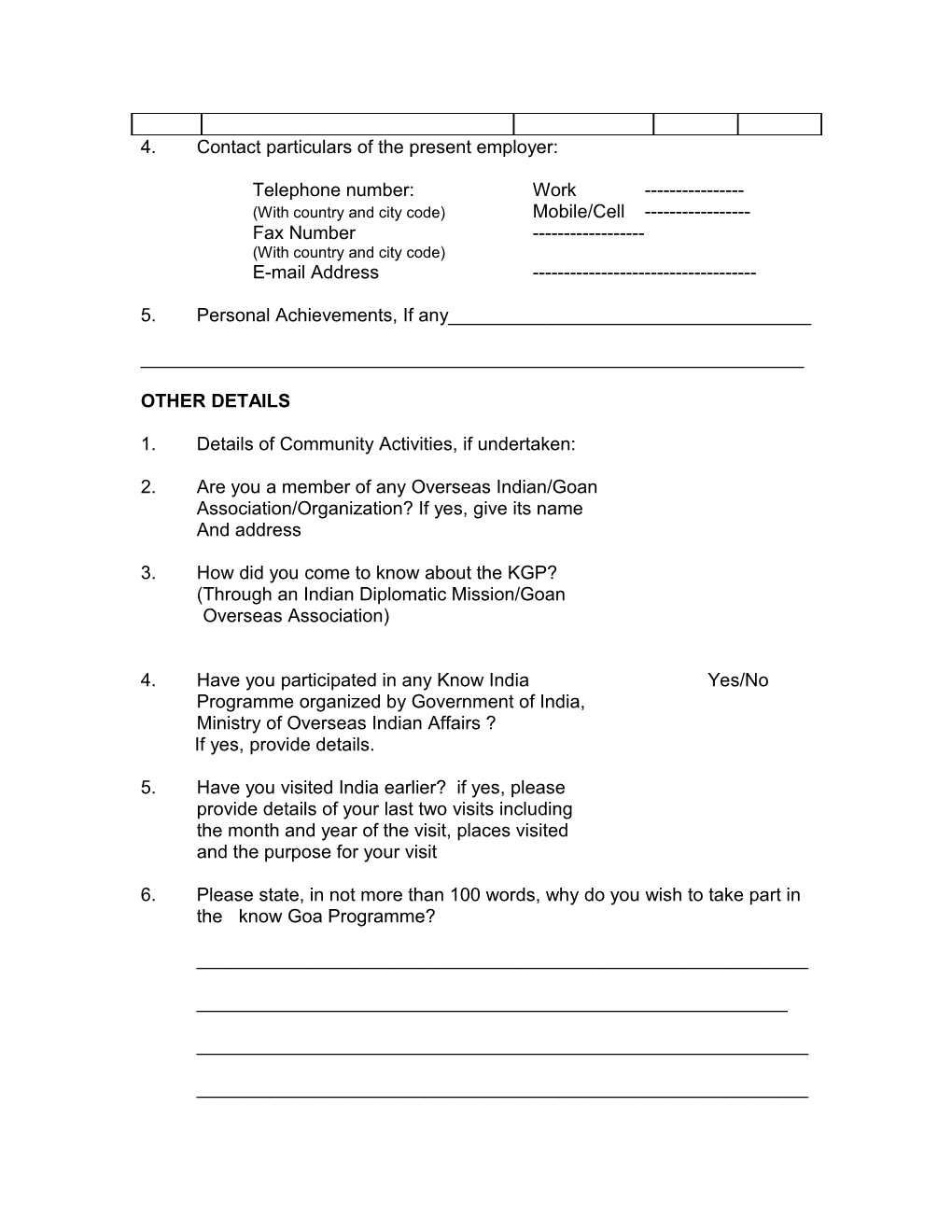 Application Form for Know Goa Programme (Kgp)