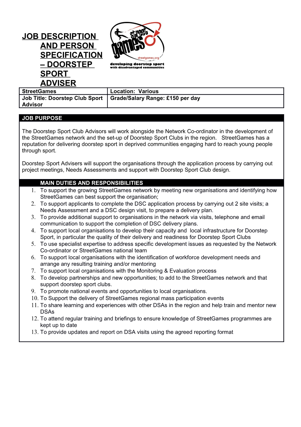 Job Description and Person Specification Doorstep Sport Adviser