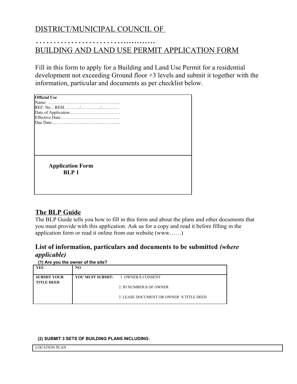 Building and Land Use Permit Application Form