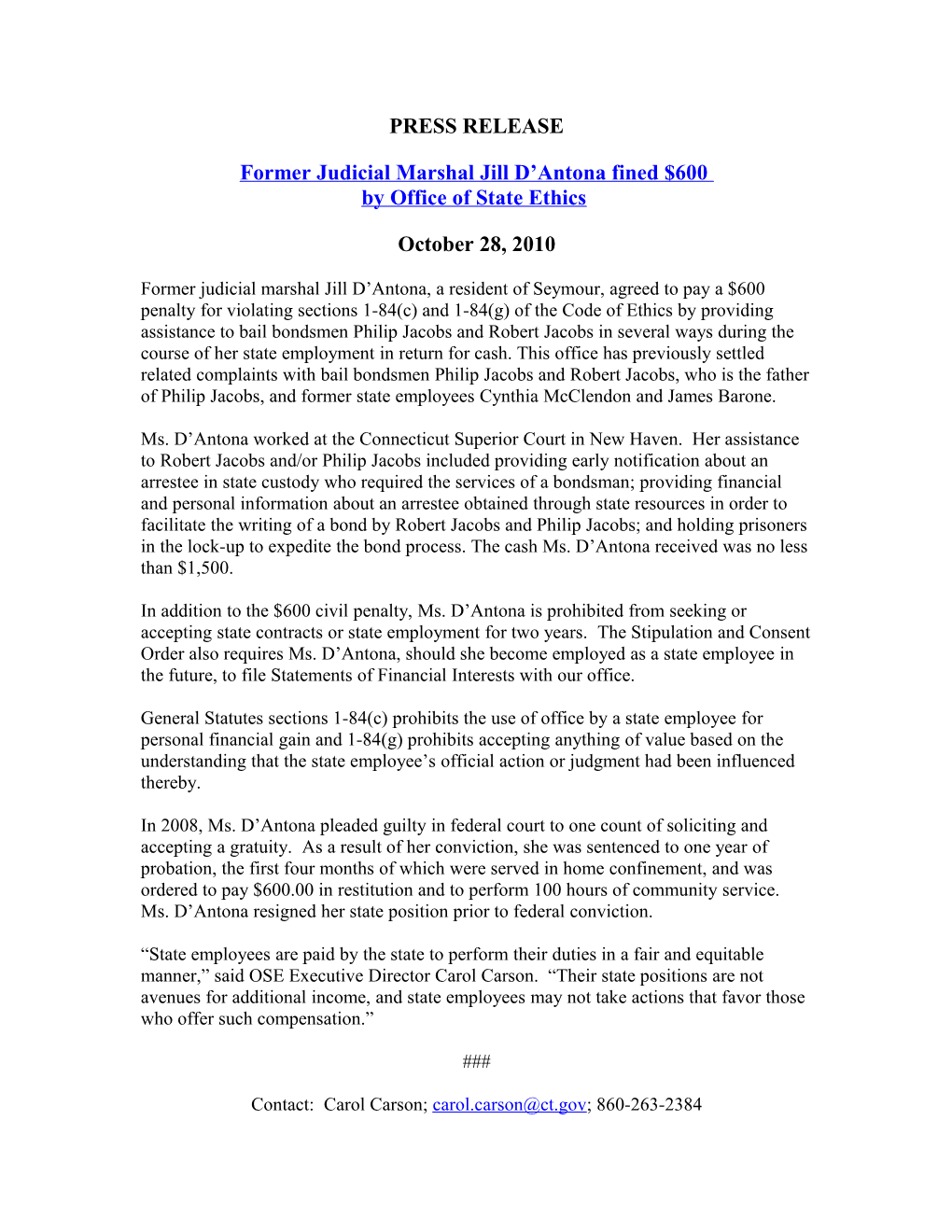 Former Judicial Marshal Jill D Antona Fined $600