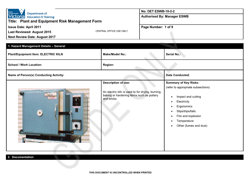 Plant and Equipment Risk Management Form - Electric Kiln