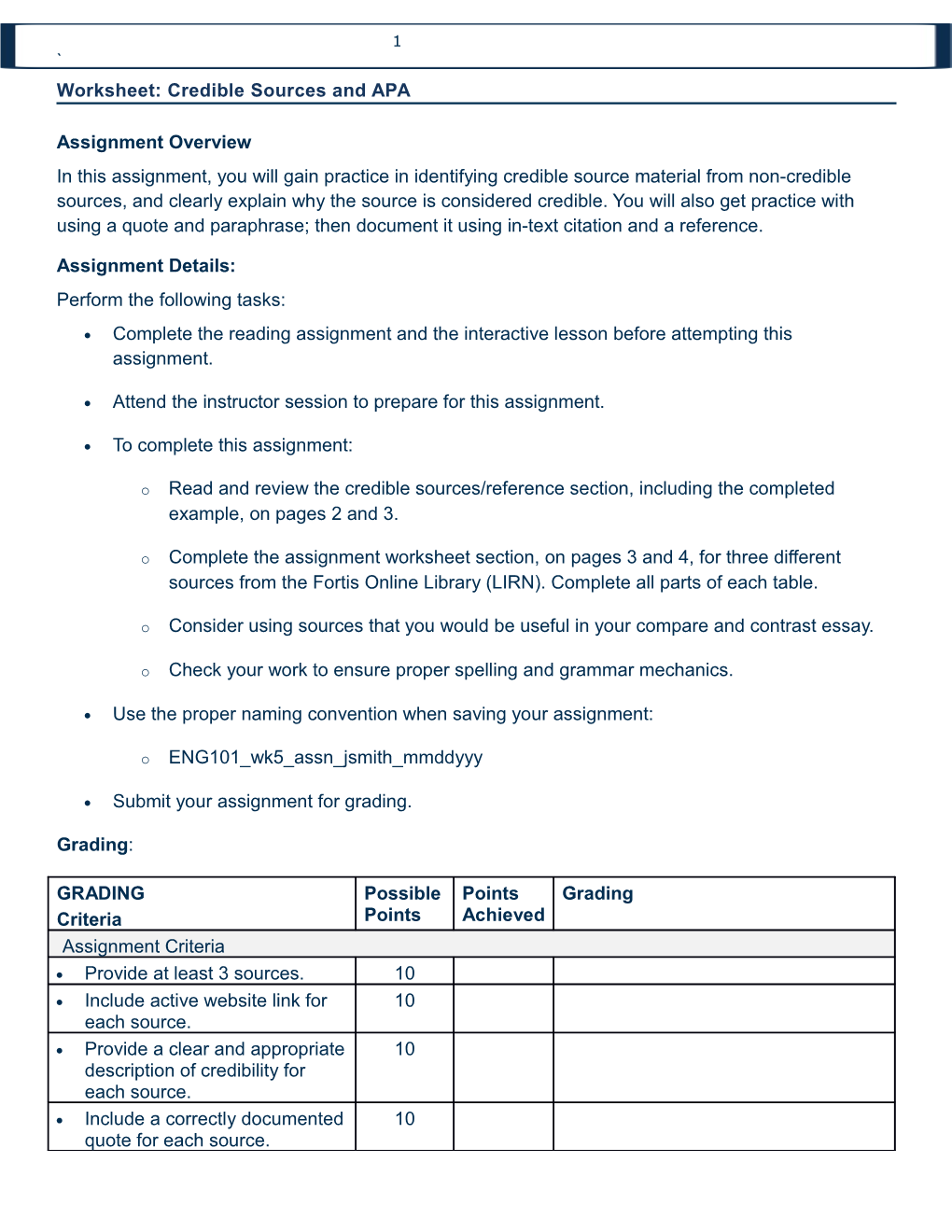 Worksheet: Credible Sources and APA