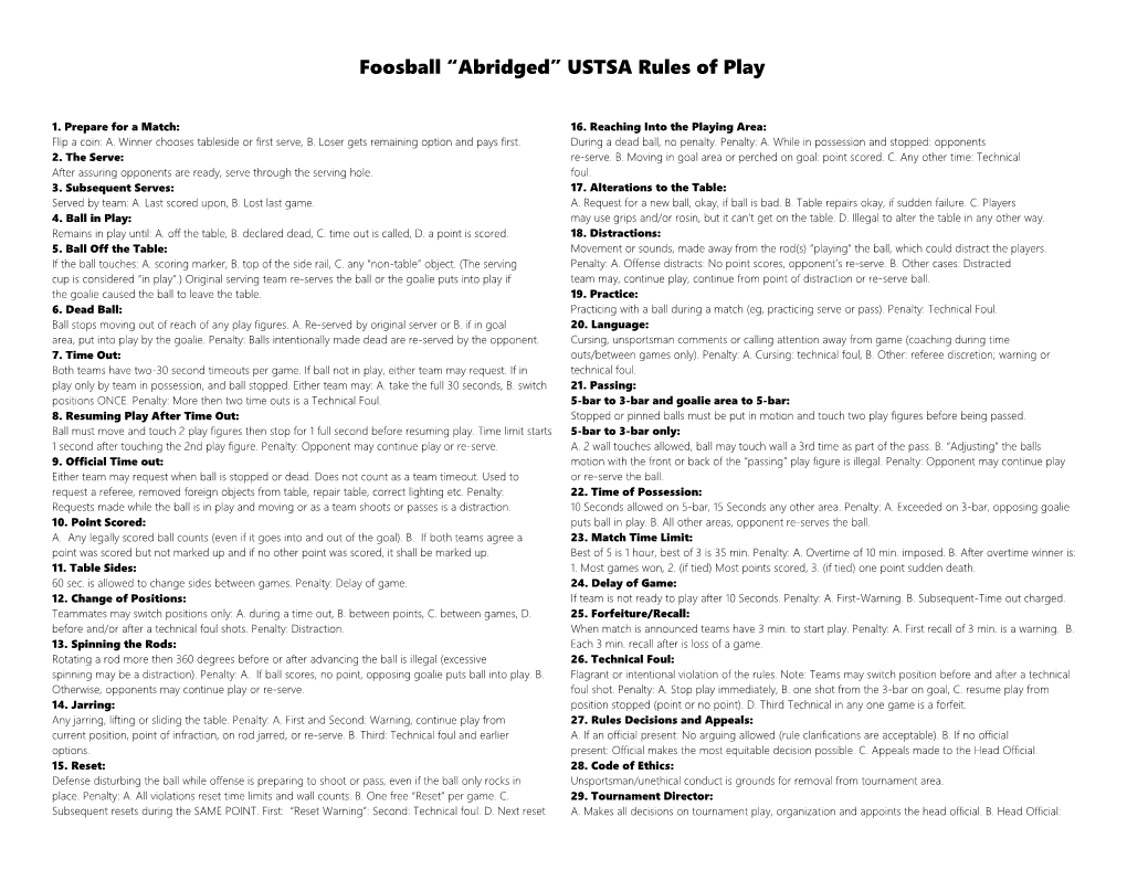 Foosball Abridged USTSA Rules of Play