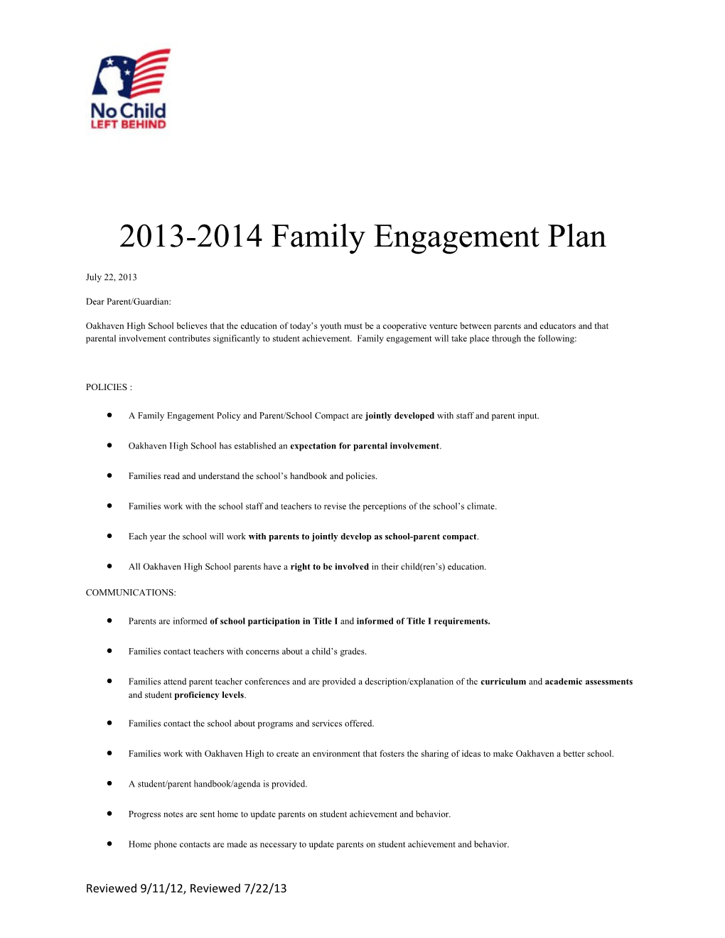 2013-2014 Family Engagement Plan