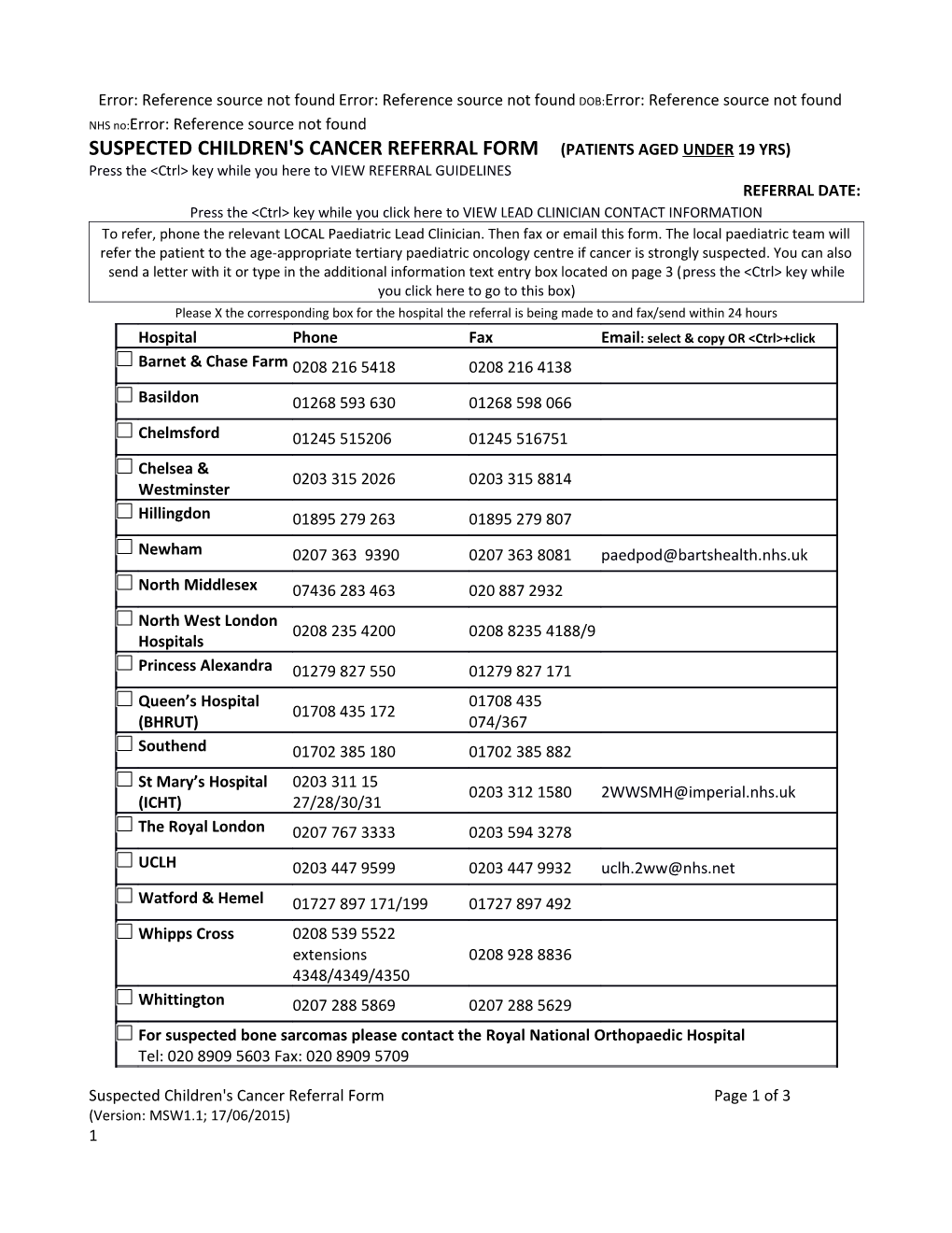 Children's Cancer 2 Week Referral Form