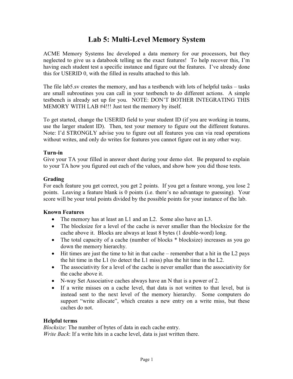 Lab 5: Multi-Level Memory System