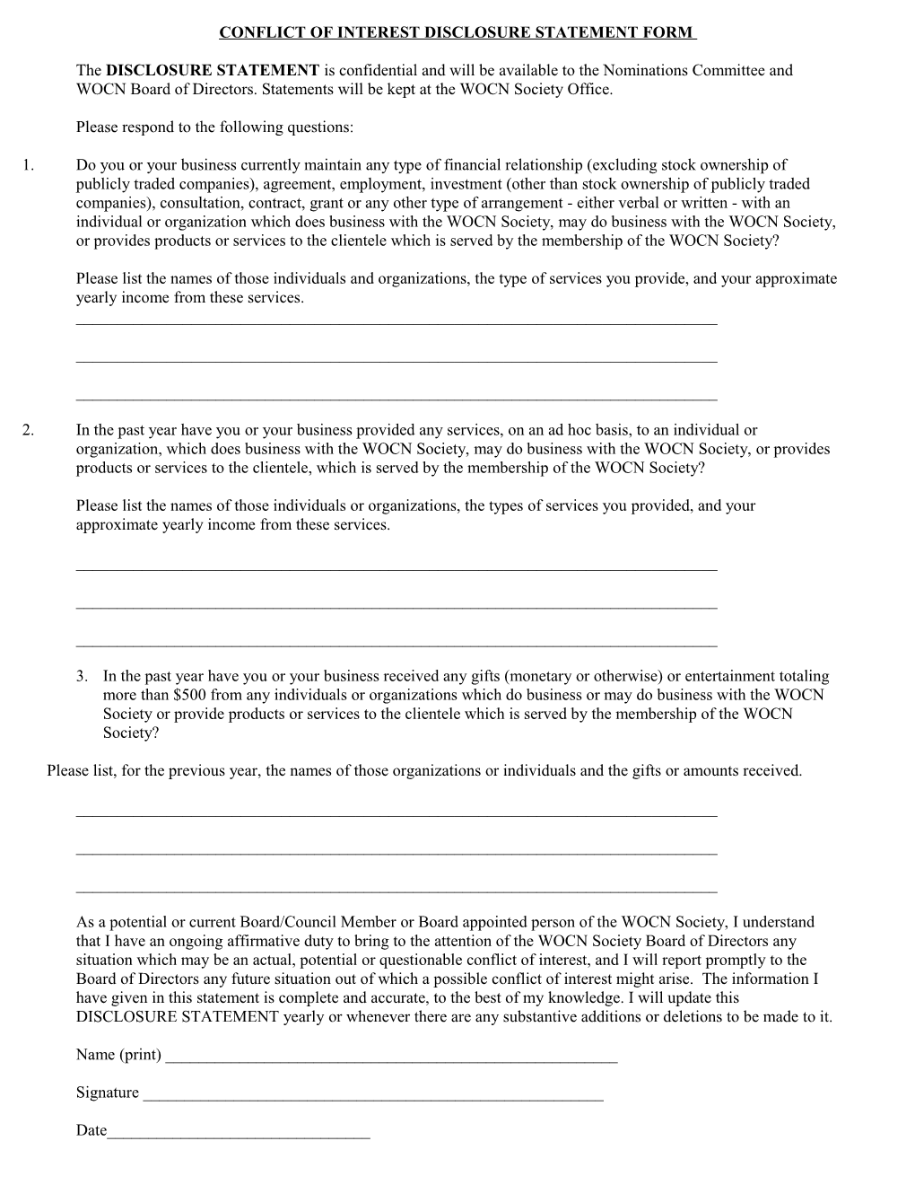 Conflict of Interest Disclosure Statement Form