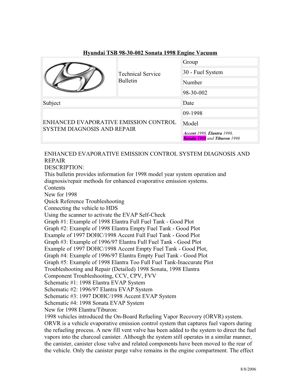 Hyundai TSB 98-30-002 Sonata 1998 Engine Vacuum