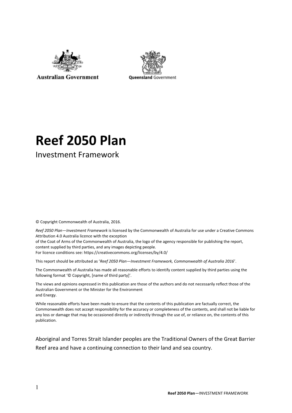 Reef 2050 Plan Investment Framework