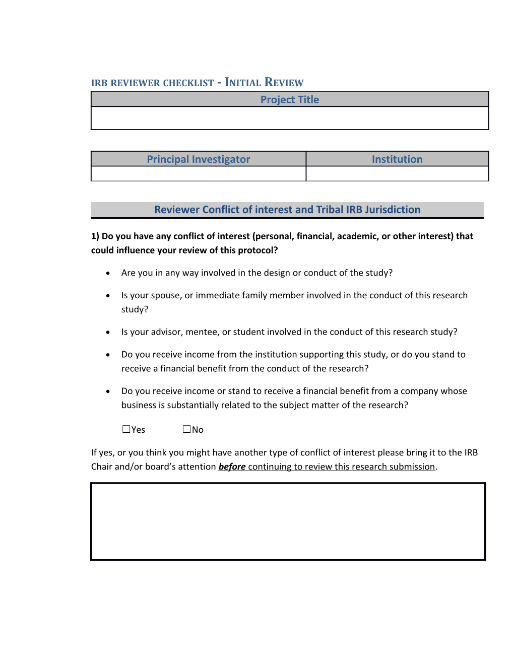 Irb Reviewer Checklist - Initial Review