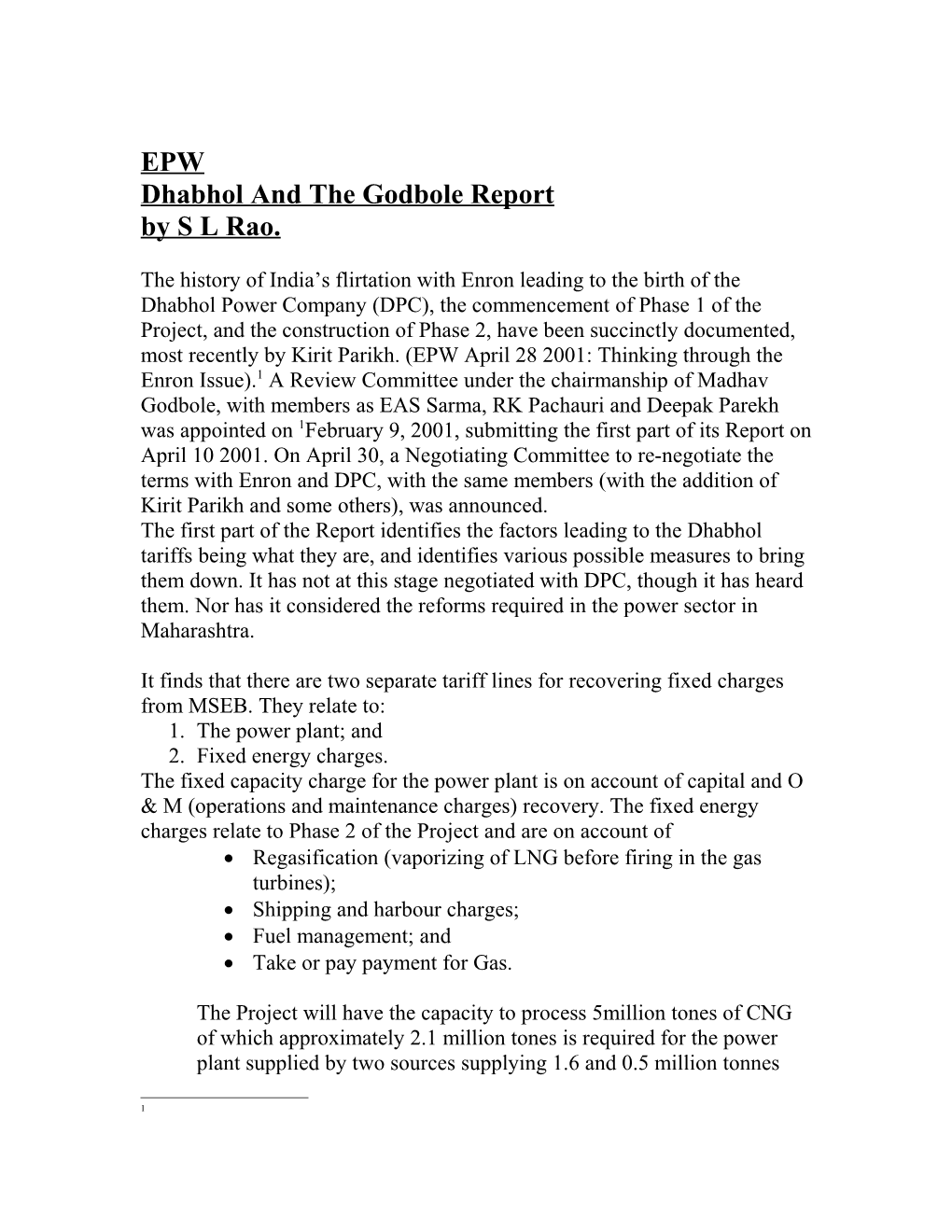 1Dhabhol and the Godbole Report