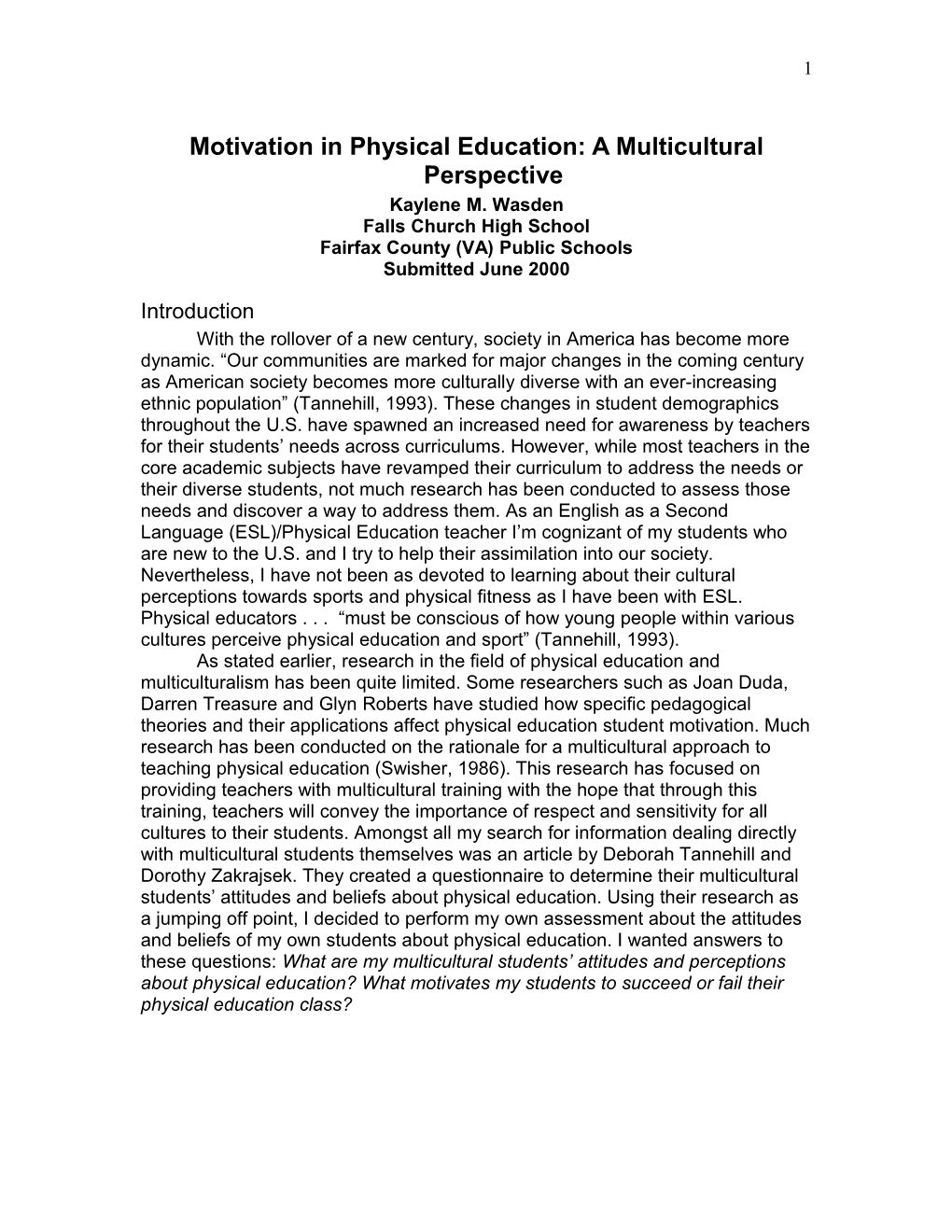 Motivation in Physical Education: a Multicultural Perspective