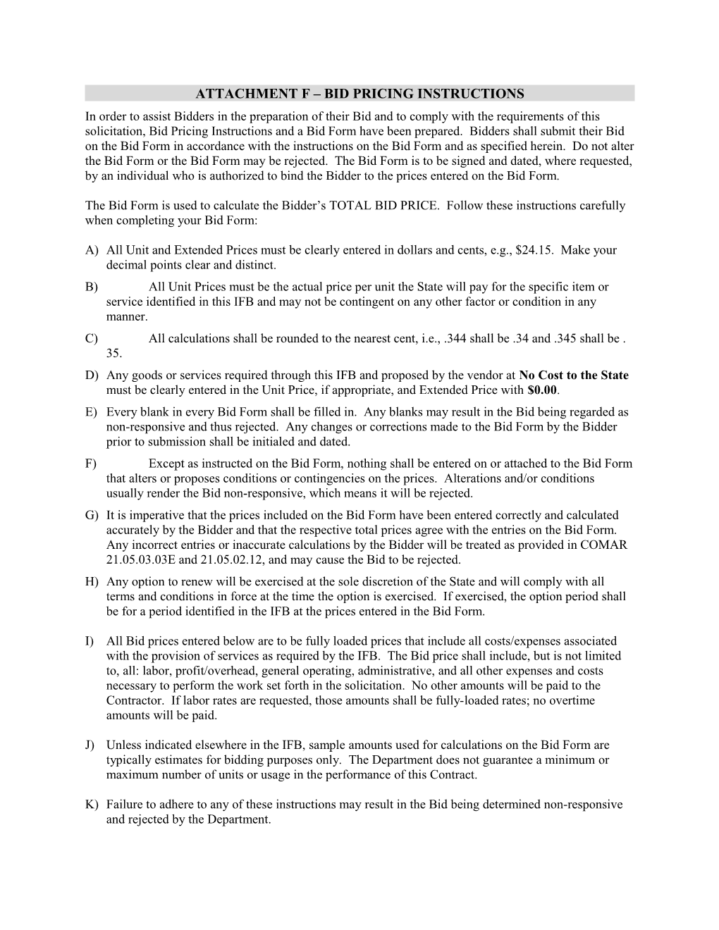 Attachment F Bid Pricing Instructions