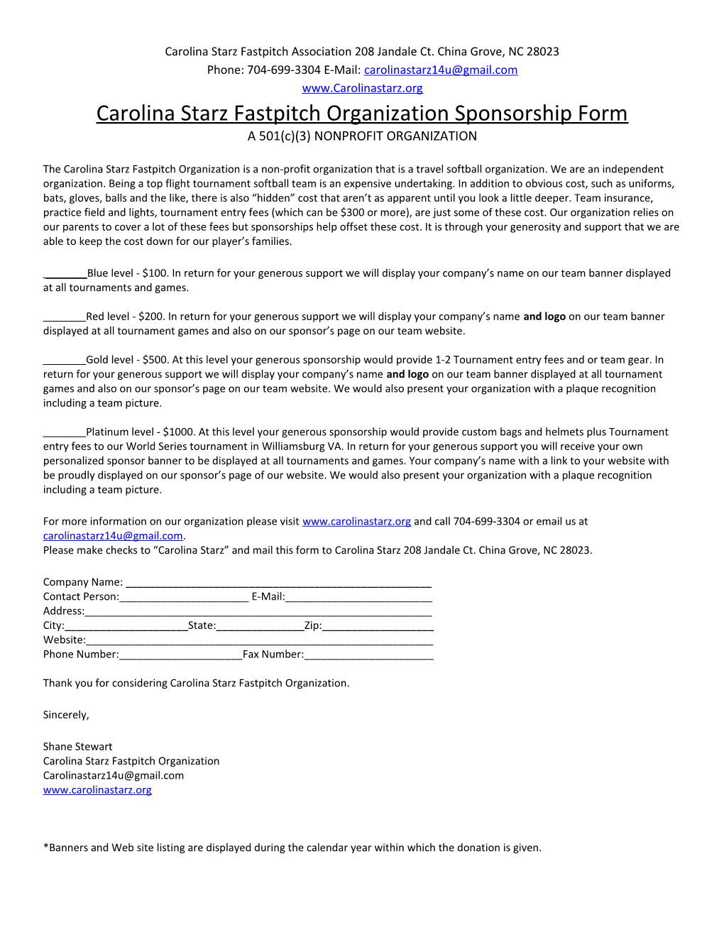 Carolina Starz Fastpitch Organizationsponsorship Form