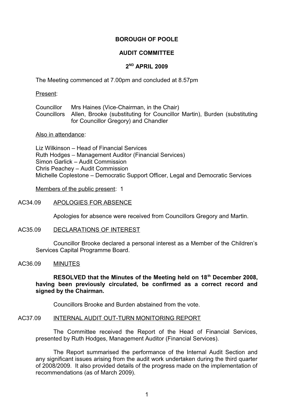 Minutes - Audit Committee - 2 April 2009