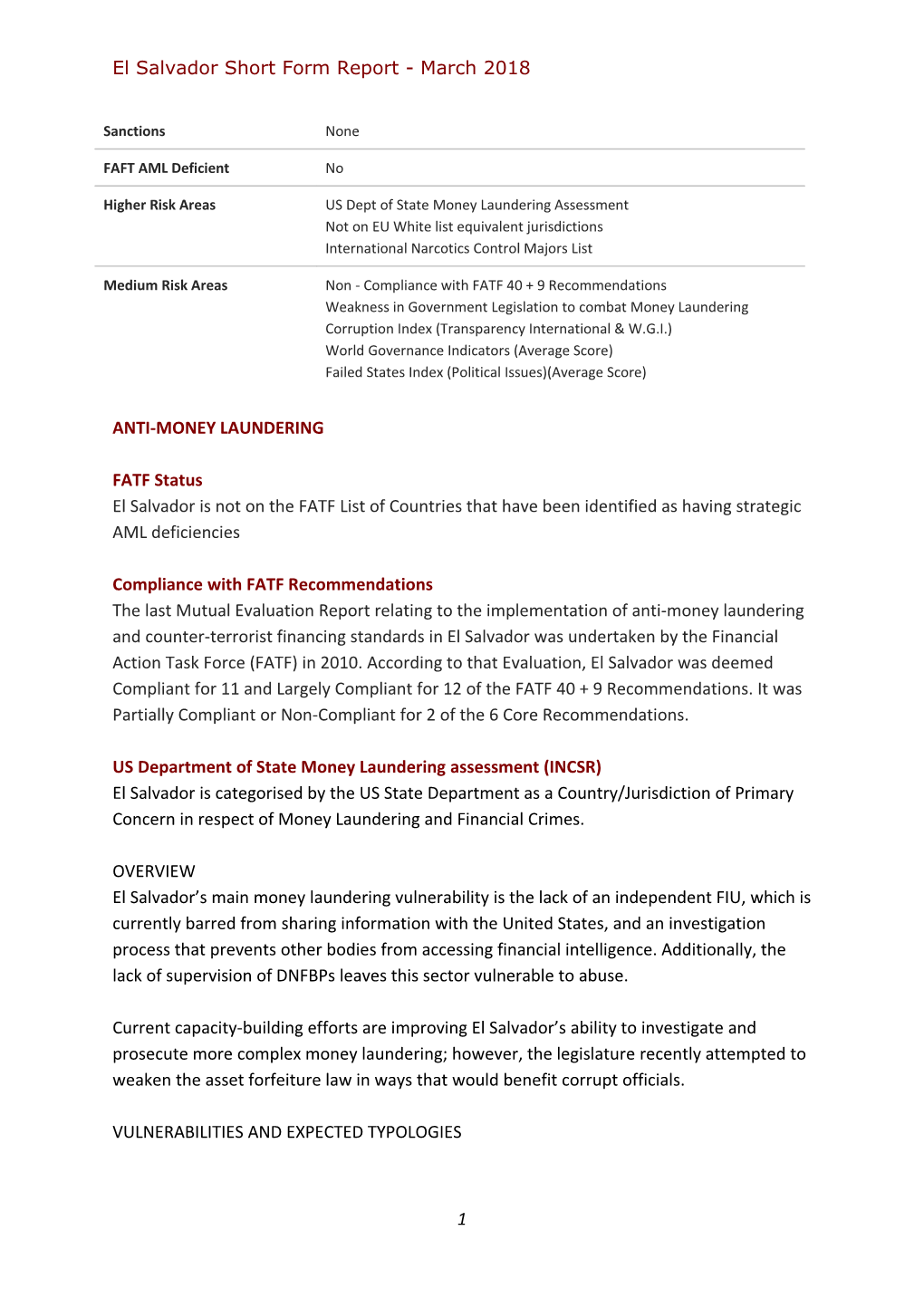 El Salvador Short Form Report - March 2018