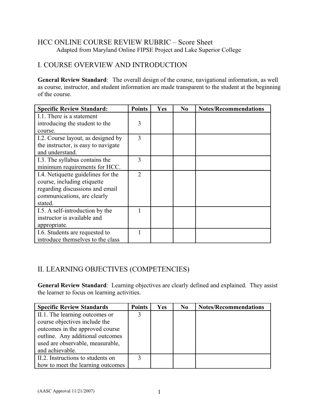 Hcc Online Course Review Rubric