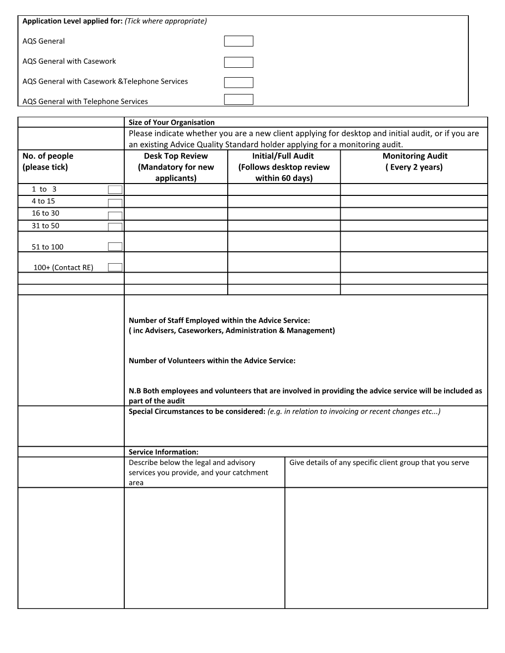Application Form for the Advice Quality Standard (AQS)