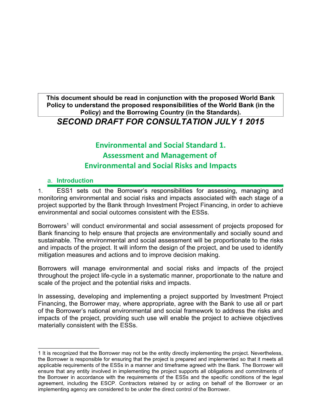 ESS1. Assessment and Management of Environmental and Social Risks and Impacts