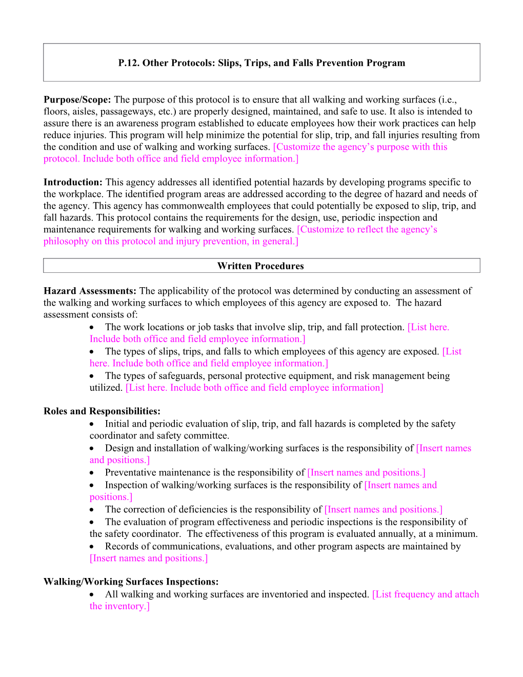 P.12. Other Protocols: Slips, Trips, and Falls Prevention Program