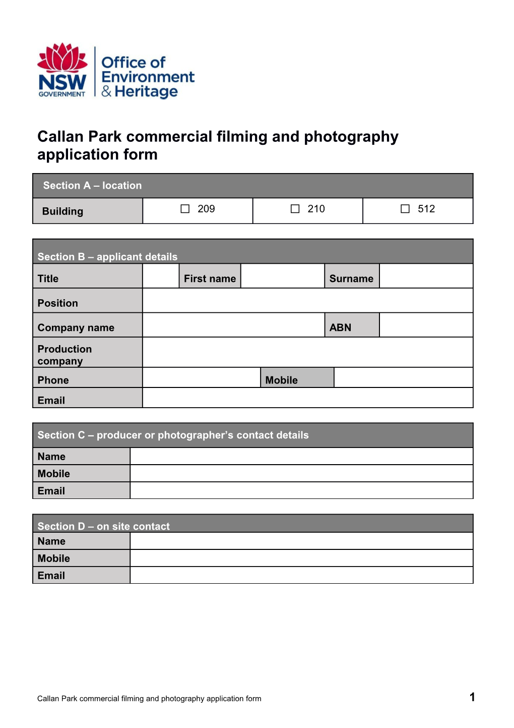 Callan Park Commercial Filming and Photography Application Form