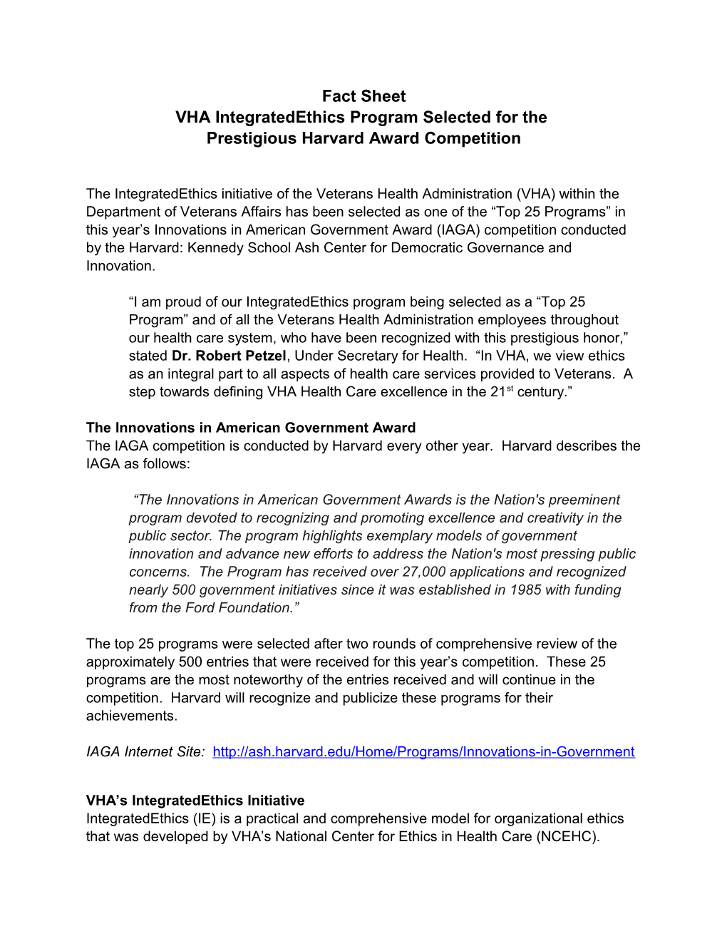 VHA's Integratedethics Program Receives Prestigious Harvard Award - US Department of Veterans