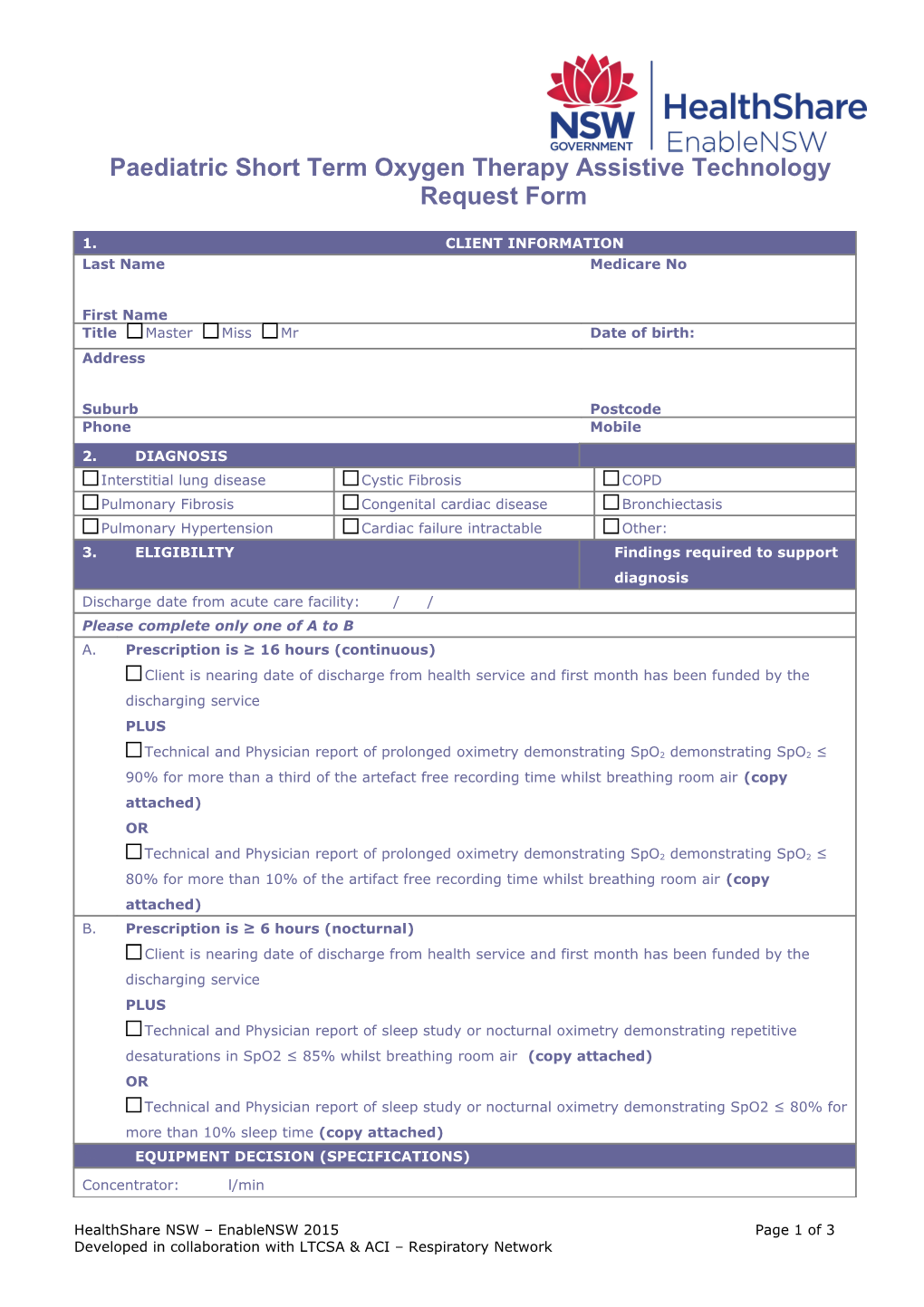 Paediatric Short Term Oxygen Therapy Assistive Technology Request Form