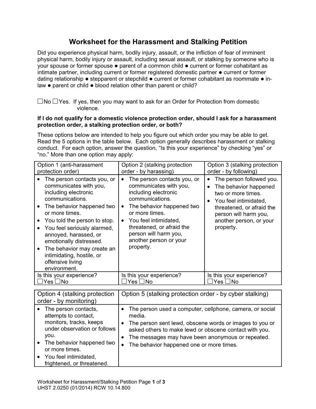 Worksheet for the Harassment and Stalking Petition