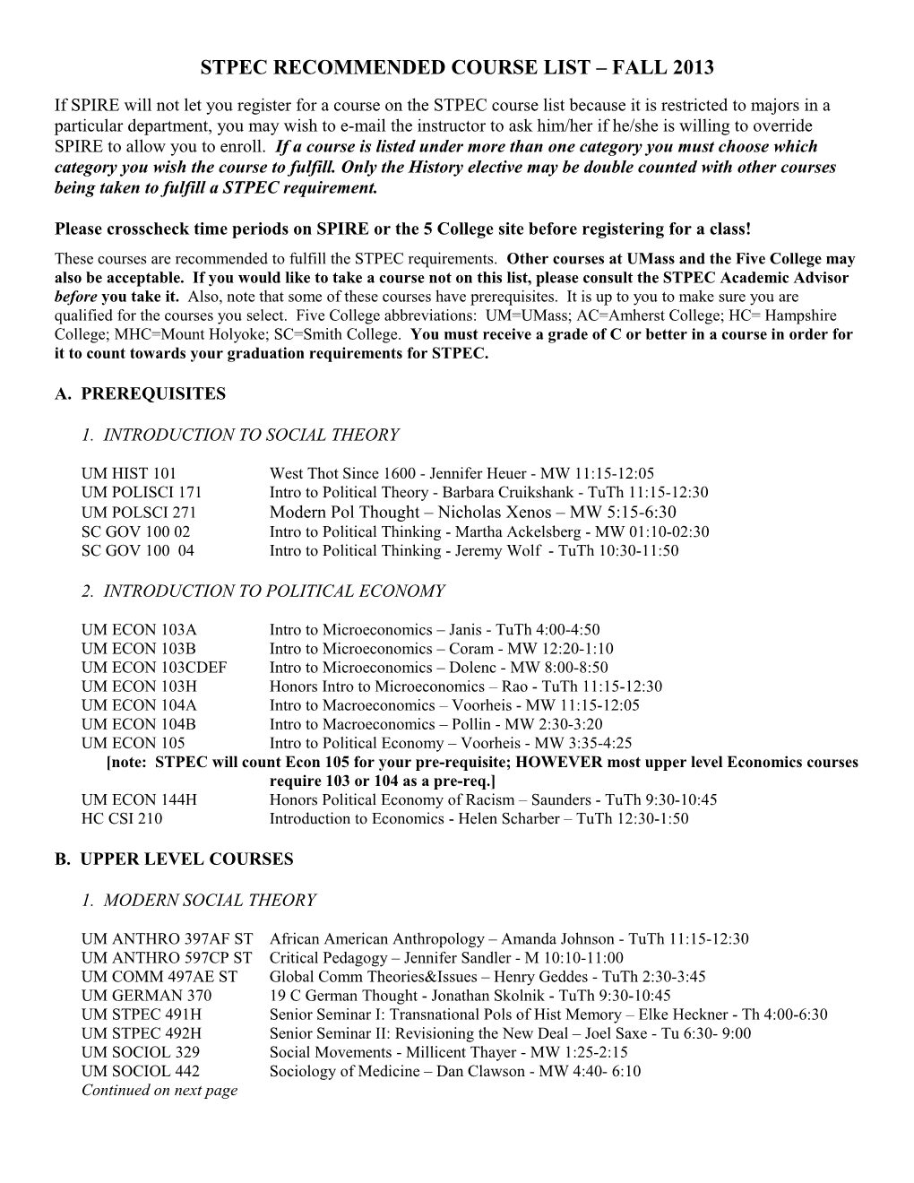 Stpec Recommended Course List Spring 2004