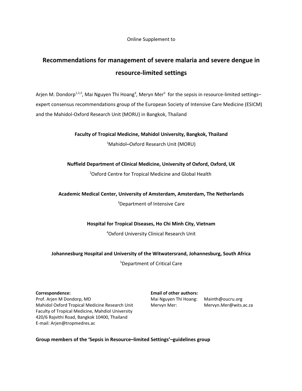 Recommendations for Management of Severe Malaria and Severe Dengue in Resource-Limited