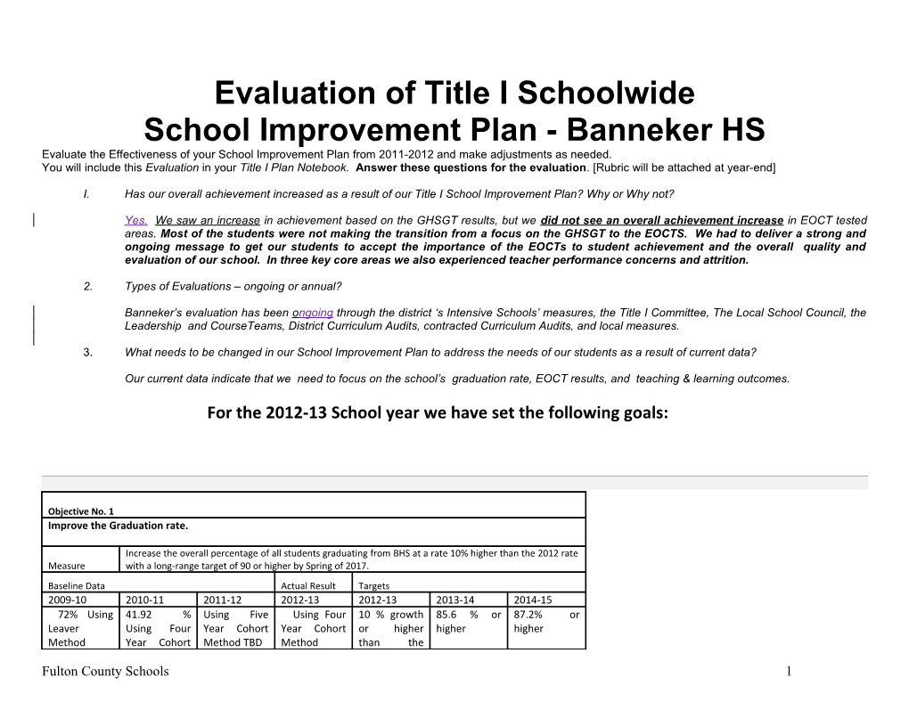 School Improvement Plan- Banneker HS