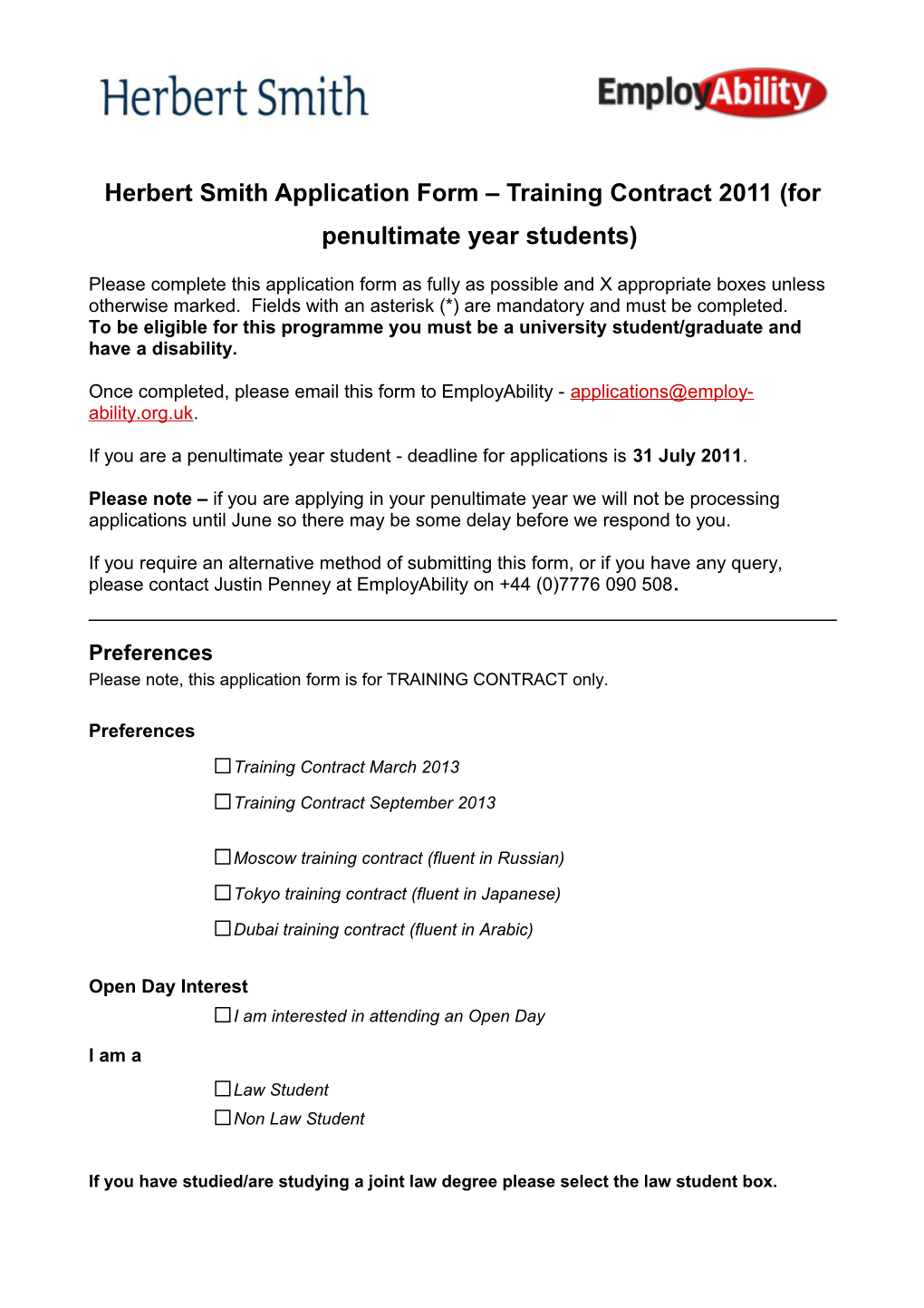 Herbert Smith Application Form Training Contract 2011 (For Penultimate Year Students)