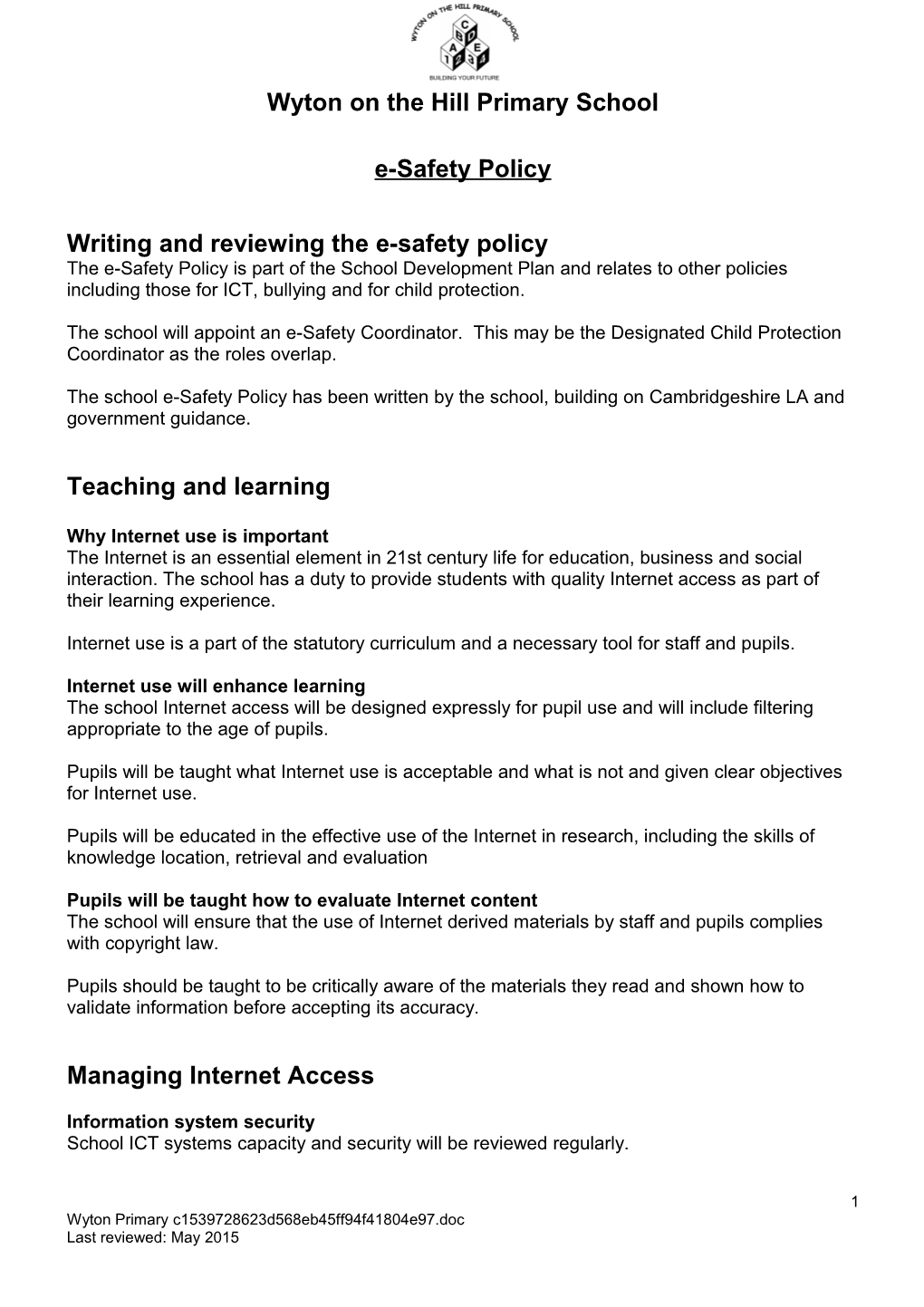 Writing and Reviewing the E-Safety Policy