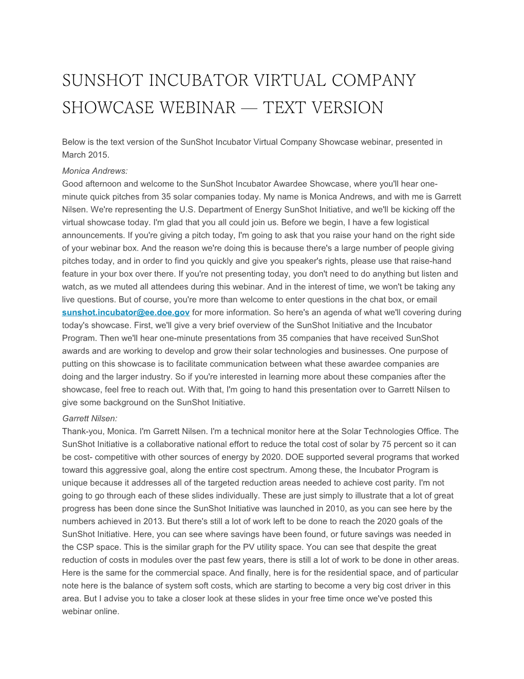 Sunshot Incubator Virtual Company Showcase Webinar Text Version