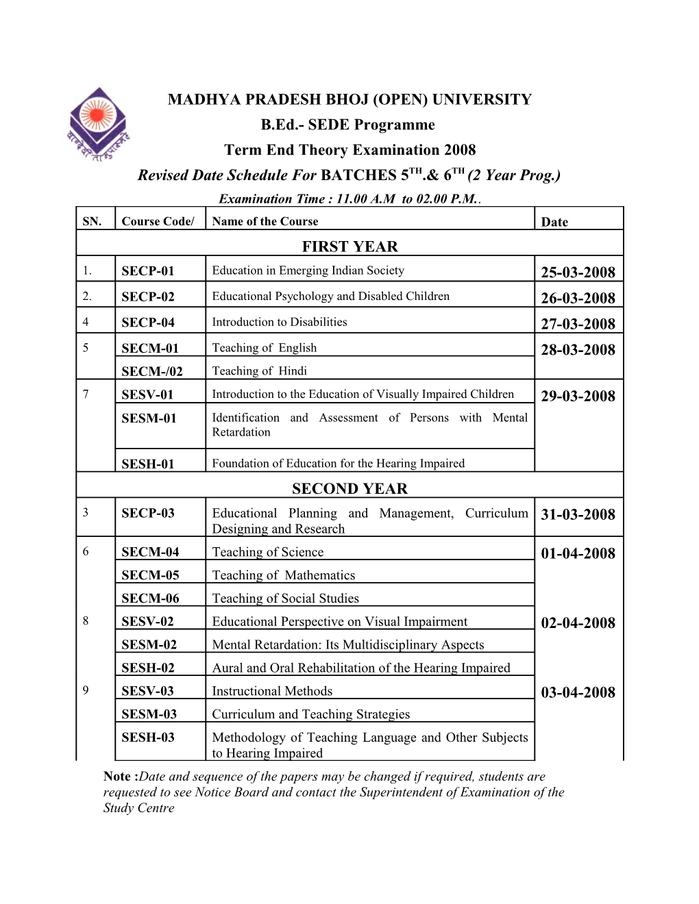 Revised Date Schedule for BATCHES 5TH.& 6TH (2 Year Prog.)