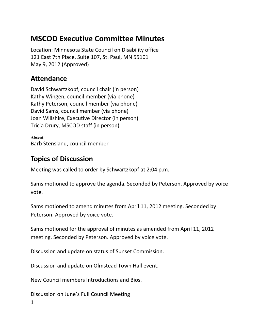 MSCOD Executive Committee Meeting Minutes, 05/09/2012