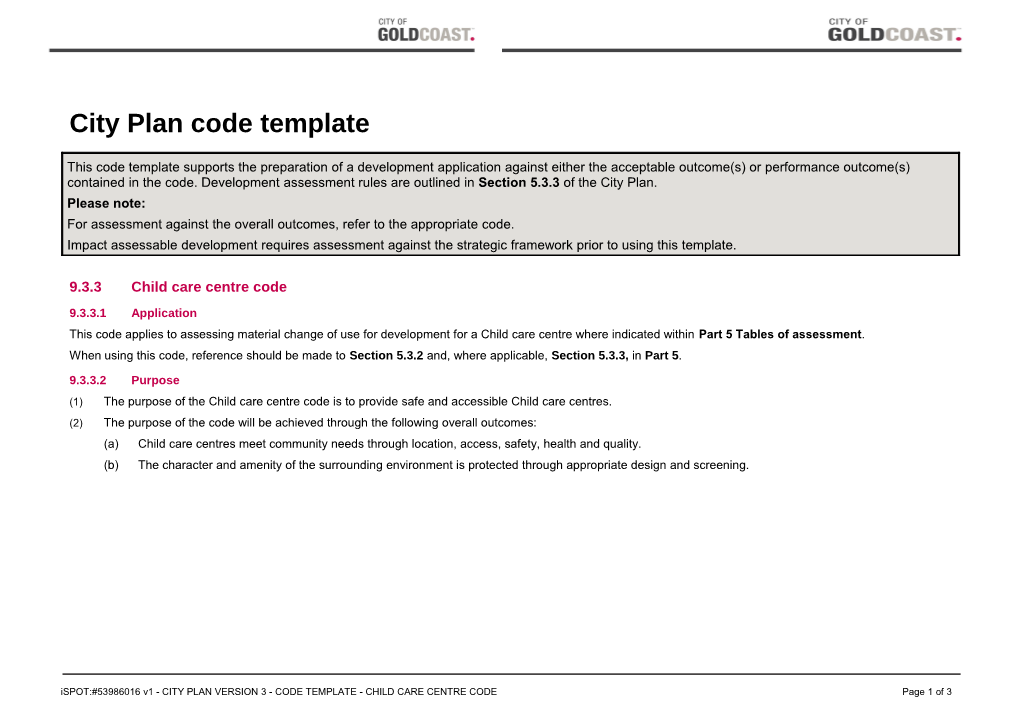 Child Care Centre Code