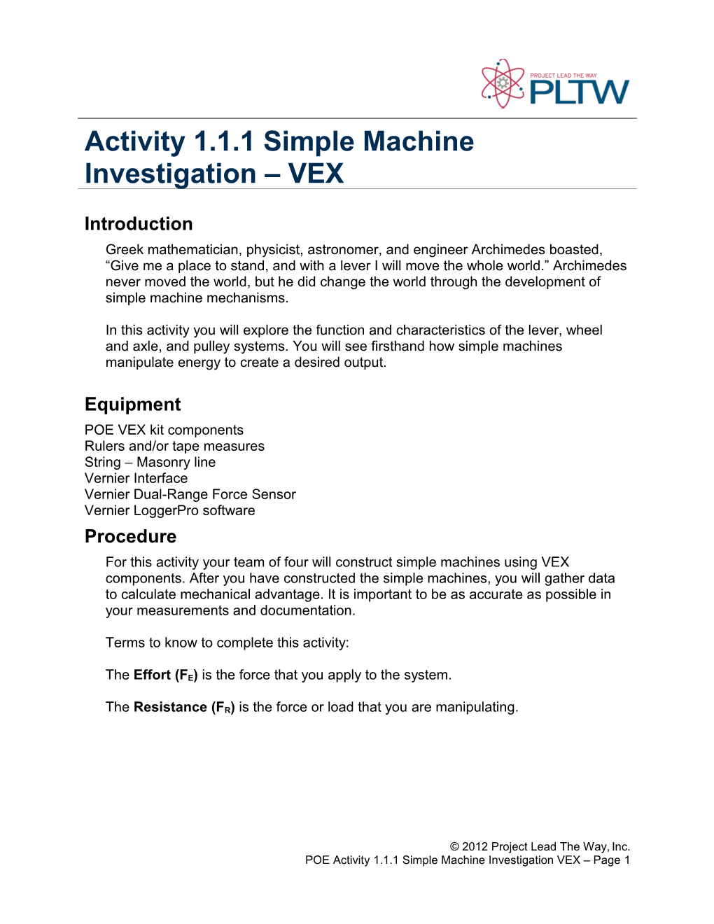 Activity 1.1.1 Simple Machine Investigation VEX