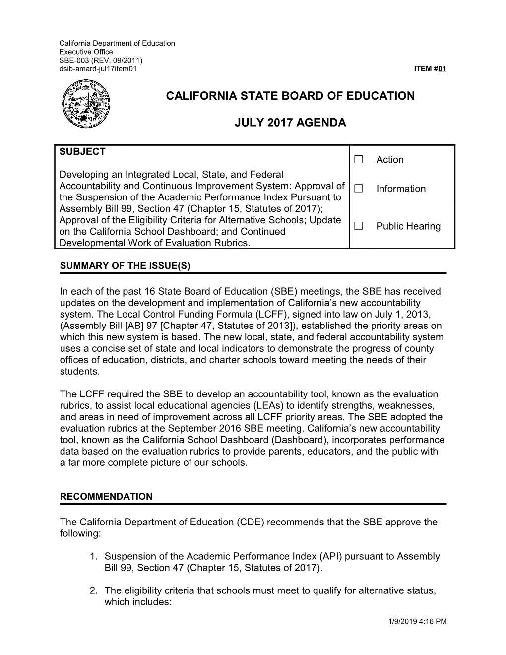July 2017 Agenda Item 01 - Meeting Agendas (CA State Board of Education)