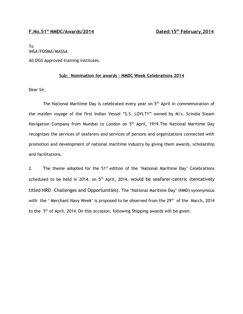 F.No.51St NMDC/Awards/2014 Dated:15Th February,2014