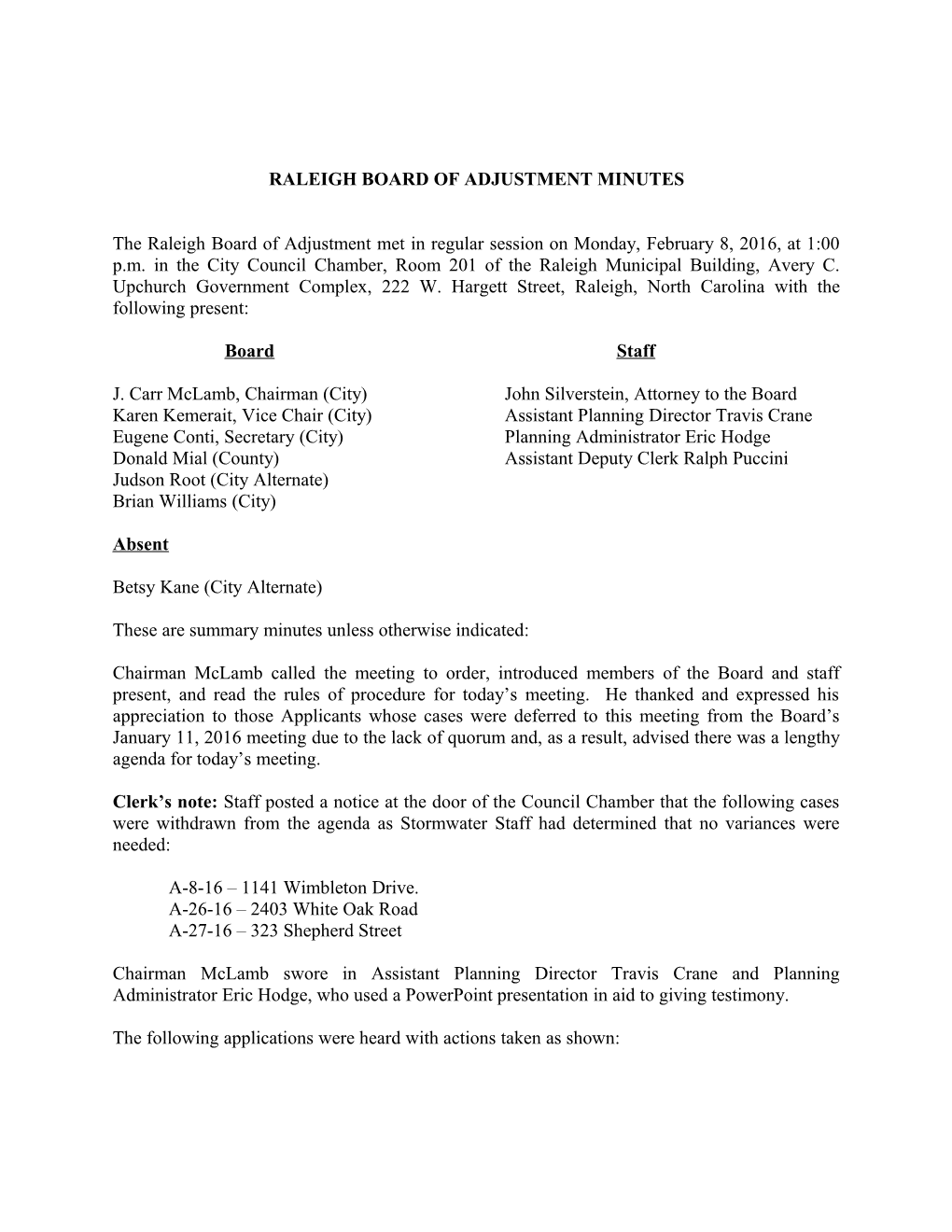 Raleigh Board of Adjustment Minutes - 02/08/2016